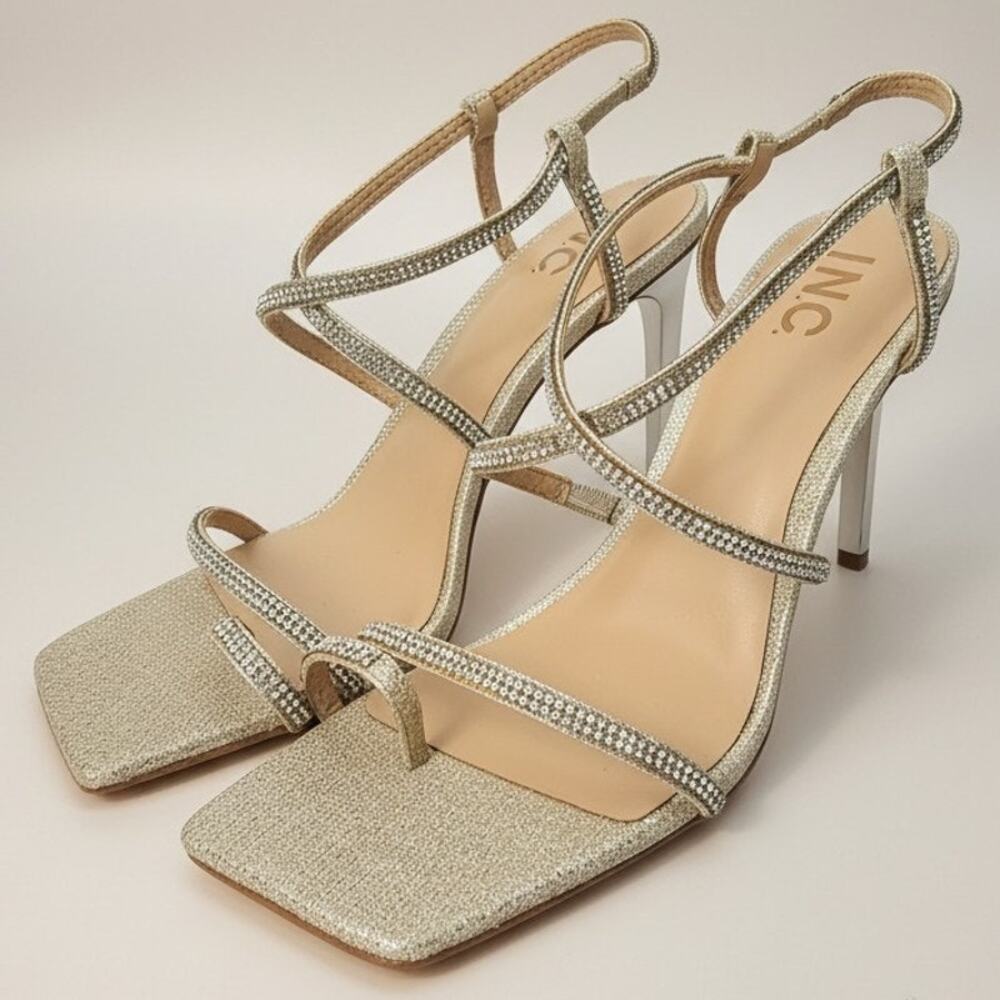 INC Champagne Glitter Strappy Rhinestone Stiletto Heel Sandals Women's Size 8M